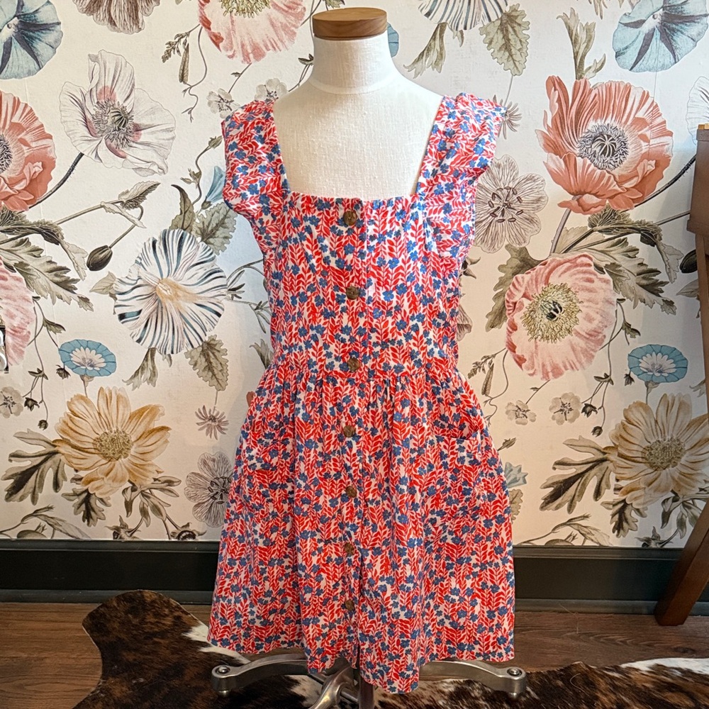 Crewcuts red white blue floral Ruffle Sleeve button down Dress